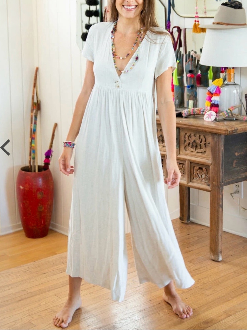 Natural Life Linen Rayon Wide Leg Jumpsuit Size M Cream Boho Lagenlook Relaxed
